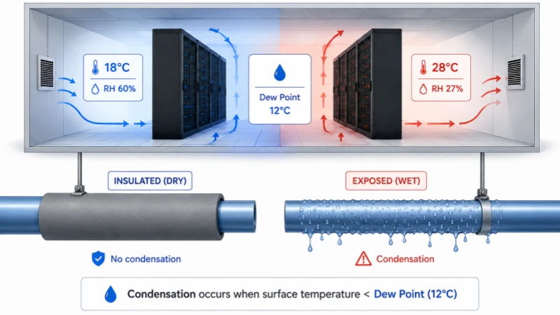 Data center dew point diagram comparing aisle RH and chilled-pipe condensation risk.