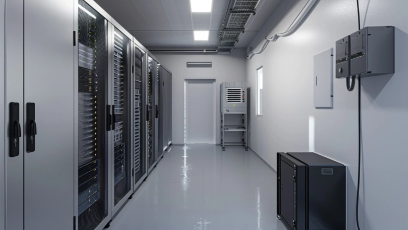 Server room dehumidifier installed beside IT equipment racks for localized moisture control.