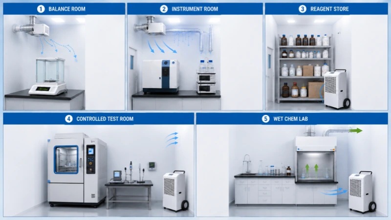 **Alt text:**
Laboratory dehumidifier solutions for balance rooms, instrument rooms, reagent stores, controlled test rooms, and wet chemistry labs with exhaust airflow.