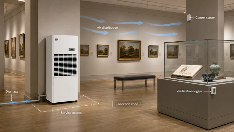 Museum humidity-control system showing dehumidifier airflow, control sensor, data logger, drainage, and service access