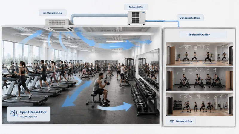 High-occupancy gym using dedicated dehumidification to control moisture without overcooling enclosed fitness zones