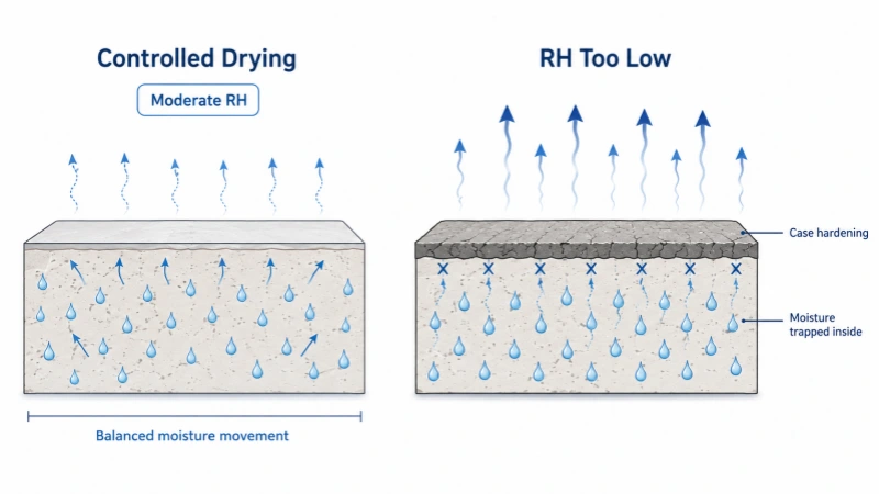 Comparison of controlled drying and low humidity causing case hardening and trapped moisture