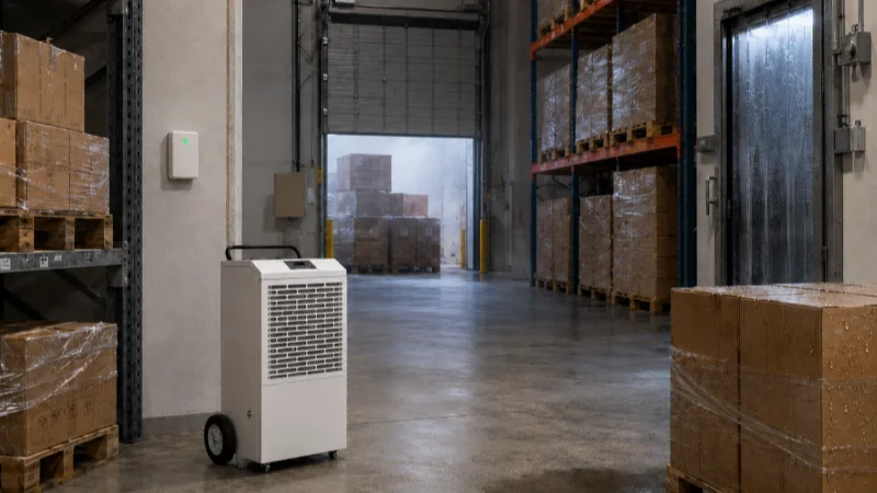 Industrial dehumidifier in a warehouse with a nearby humidity sensor, showing a dry control area near the unit while distant storage zones and cartons remain slightly damp.