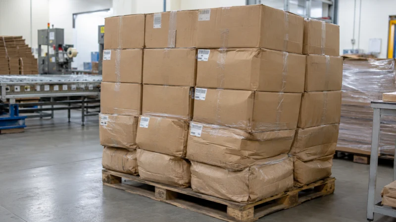 Humidity-damaged paper packaging with softened corrugated cartons bulging under pallet load pressure in a food packaging warehouse