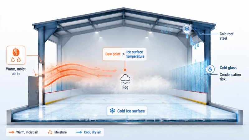 A simple technical diagram showing warm moist air entering the rink, dew point rising, cold ice surface, and fog or condensation risk when air dew point is above surface temperature.