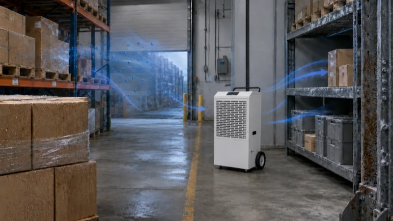 Industrial dehumidifier in a warehouse showing uneven humidity control, damp cartons, wet floor areas, airflow direction, and moisture risks caused by incorrect dehumidifier sizing.