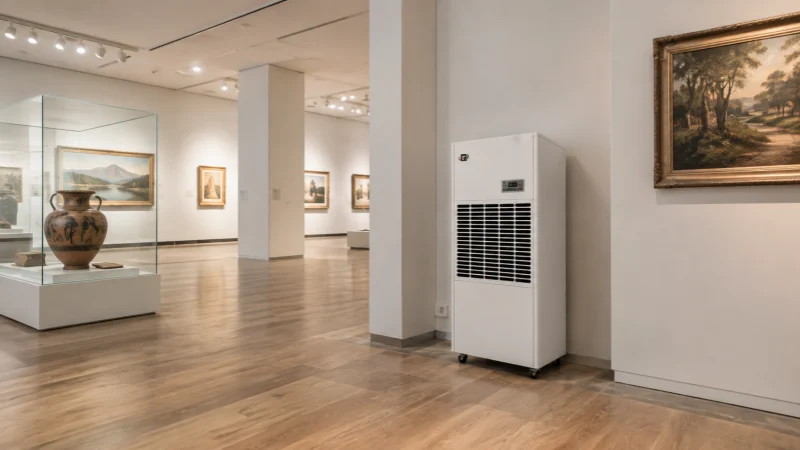 Museum dehumidifier installed beside a gallery wall for humidity control around display cases and artworks