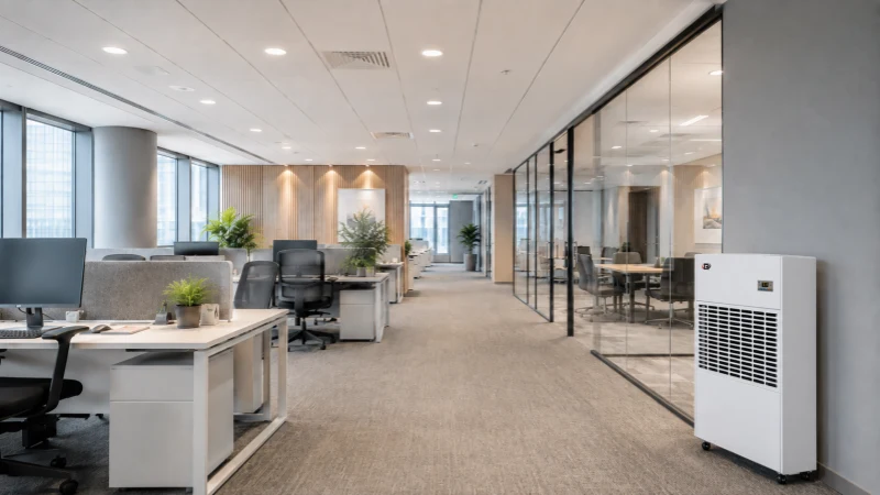 Commercial dehumidifier installed in a modern open-plan office for humidity control.