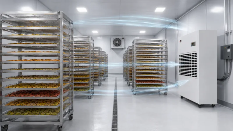 Industrial process drying room with product racks and a dehumidifier circulating dry air