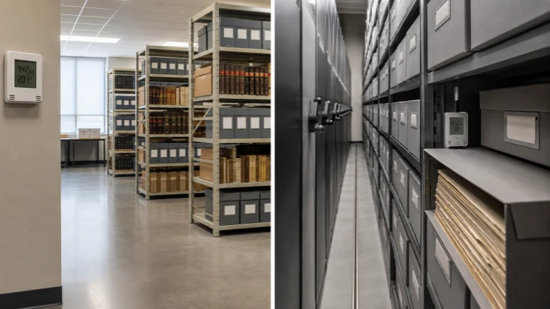 Split-view archive storage image showing an open records room with a wall sensor and compact shelving with a data logger inside the stack