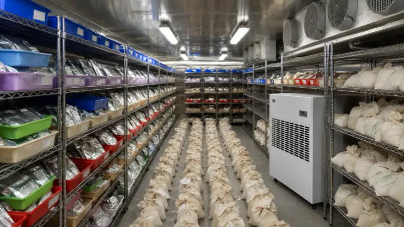 Industrial dehumidifier operating in a seed storage room with packaged seeds, cloth seed bags, and metal shelving.