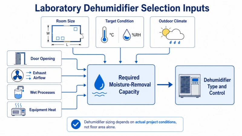 **Alt text:**
Laboratory dehumidifier sizing inputs including room size, target temperature and RH, outdoor climate, door opening, exhaust airflow, wet processes and equipment heat.