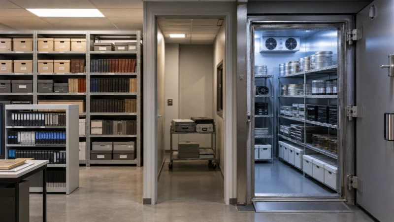 Archive storage room with paper records, a transition area, and a separate cold vault for film and mixed media