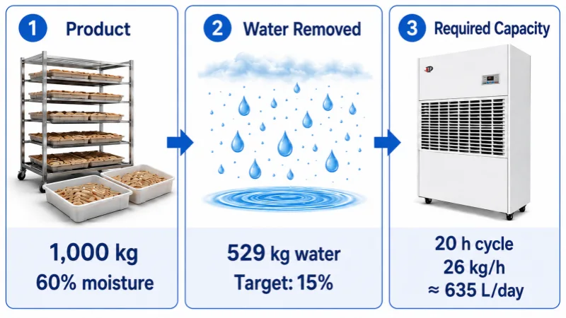 Drying room dehumidifier sizing based on product moisture removal and required drying capacity