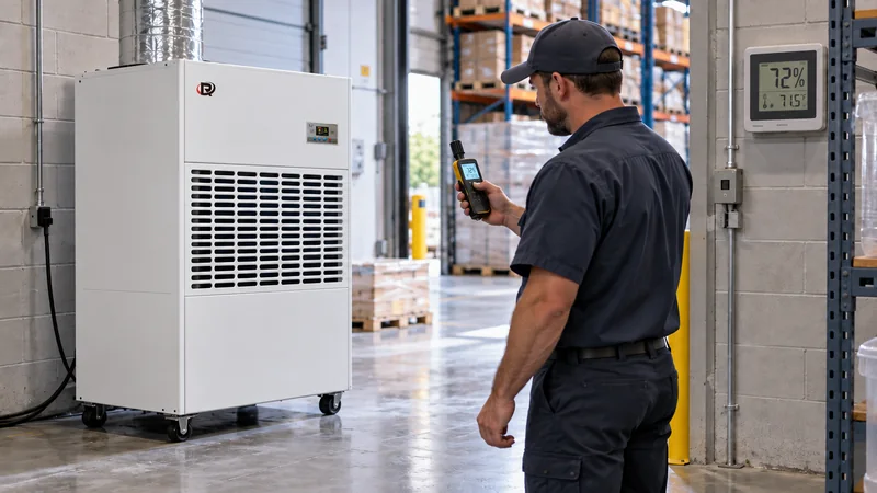 Technician checking industrial dehumidifier while warehouse humidity remains high