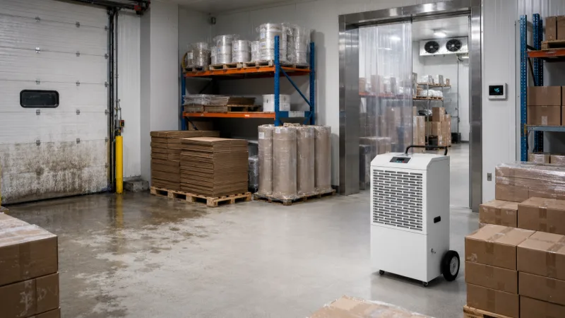 Industrial packaging room with a portable dehumidifier, showing a dry area near the unit while cartons, packaging materials, loading-door zones, and cold-room entrances remain at risk from uneven humidity control.