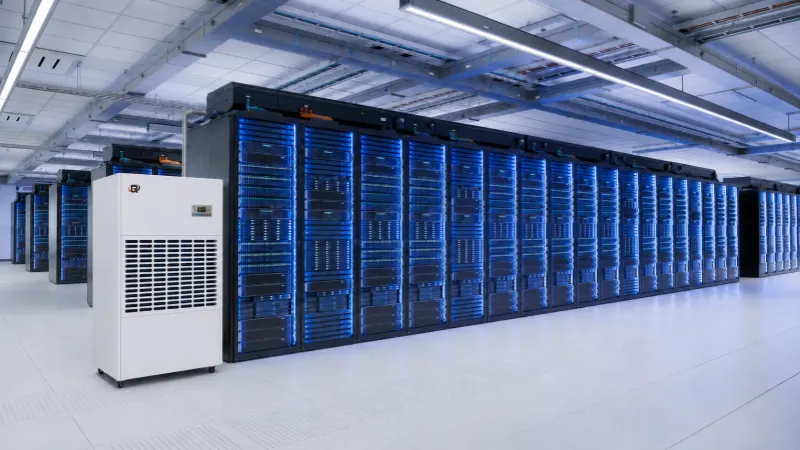 Data center dehumidifier positioned beside server racks with overhead ducted airflow.