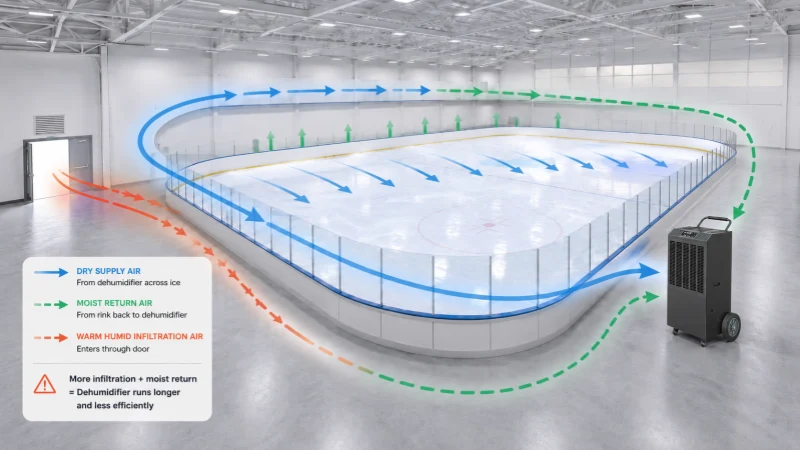 A simple airflow layout showing dry air supply, moist return air, door infiltration zone, and ice surface. The image should focus on the dehumidifier airflow path, not on a full HVAC system.