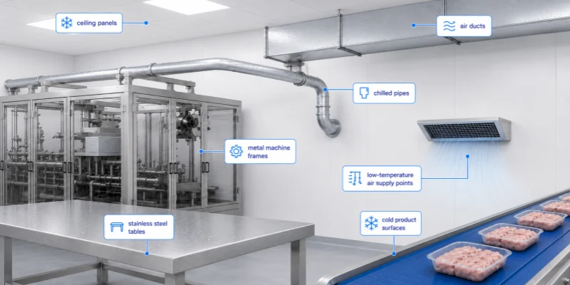 Clean food packaging room showing condensation risk on air ducts, chilled pipes, stainless steel tables, machine frames, and cold product surfaces.