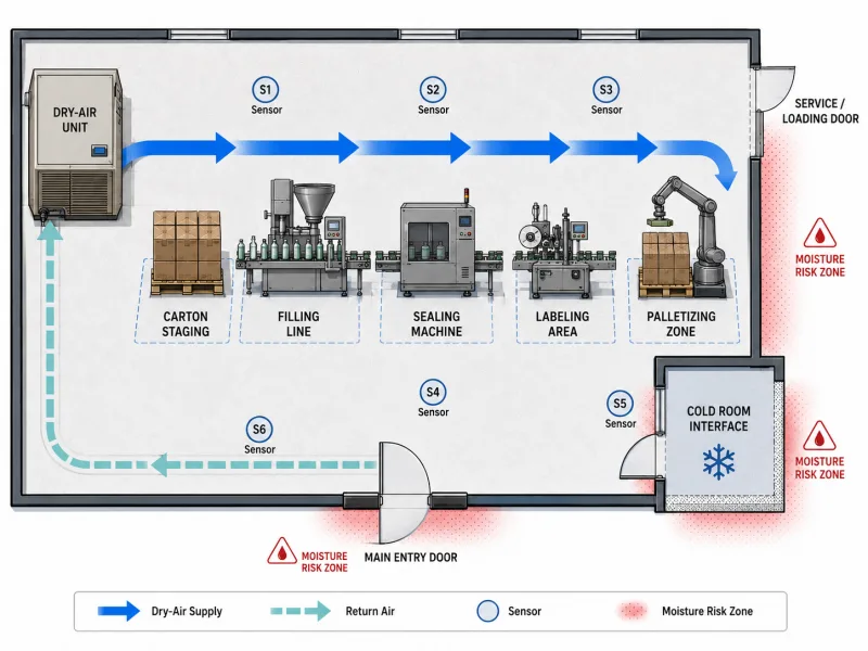 Food packaging area airflow map showing dry-air supply, return air path, doors, critical stations, and T/RH sensors.
