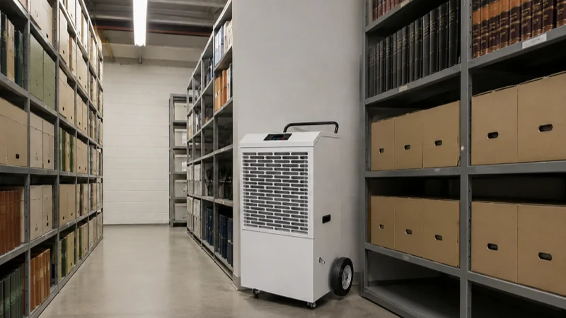 Refrigerant dehumidifier operating in an archive records storage room with document boxes and bound volumes