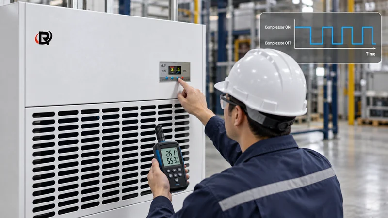 Technician checking industrial dehumidifier controls and compressor cycling