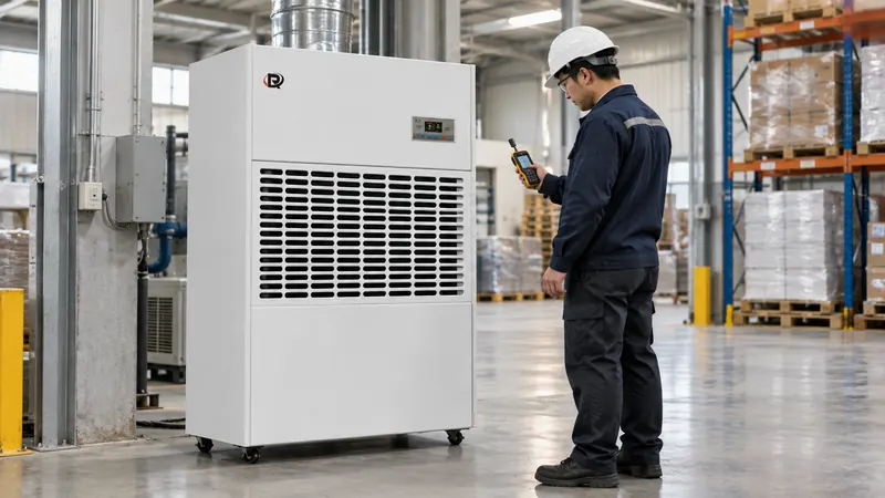 Technician checking an industrial dehumidifier in a warehouse