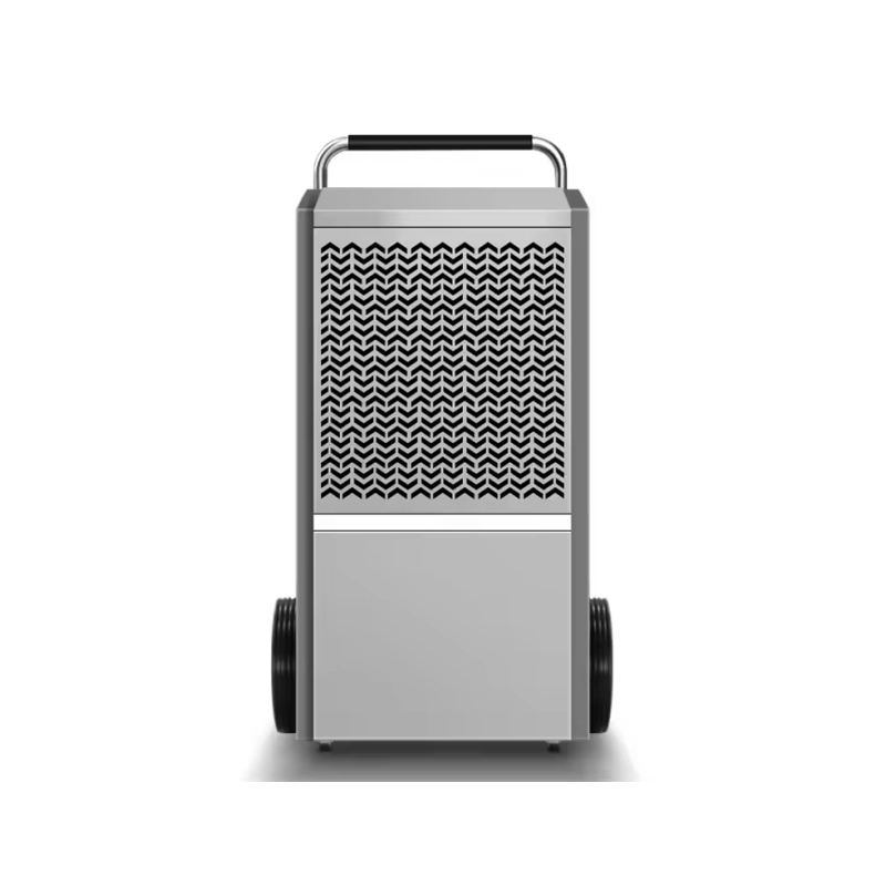 Industrial dehumidifier with pump featuring durable metal housing, large wheels, and handle for easy transport in commercial environments
