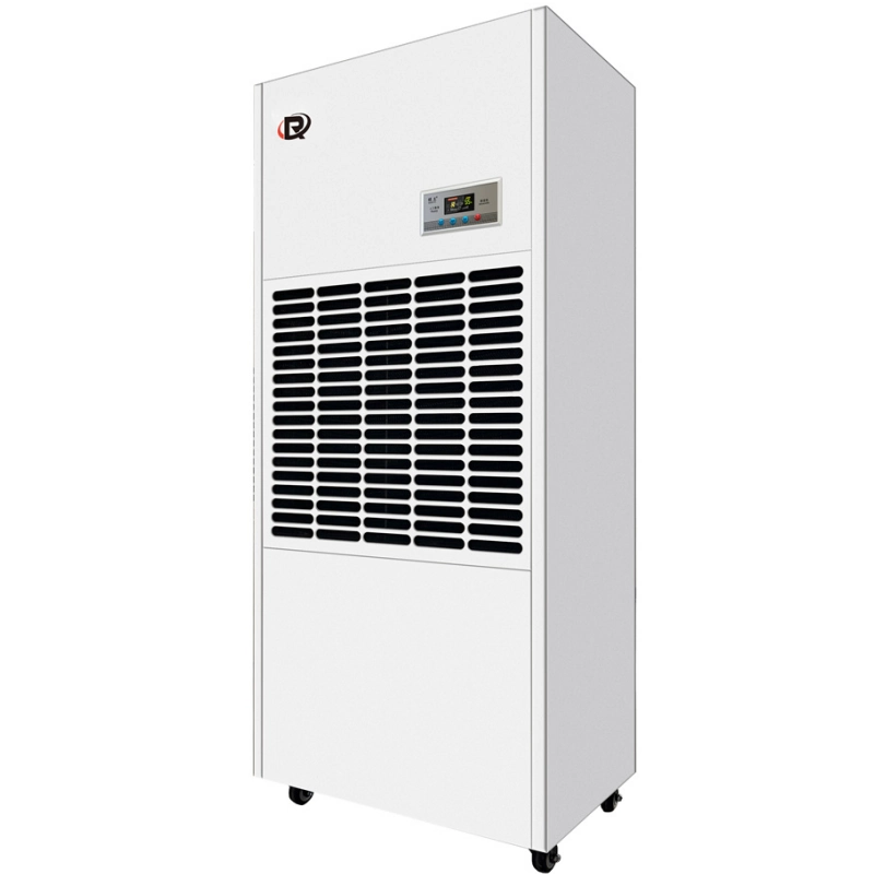 White industrial dehumidifier with caster wheels and a digital control panel.