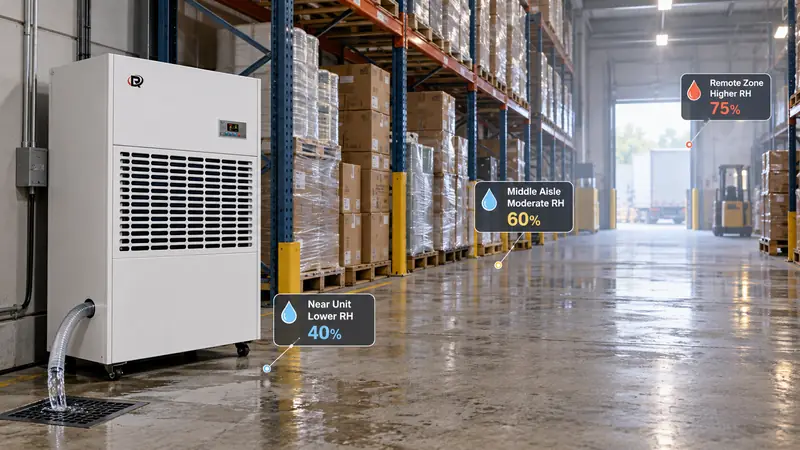 Uneven warehouse humidity distribution despite industrial dehumidifier operation