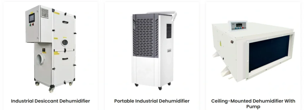 Comparison of more industrial dehumidifier models including desiccant, portable, and ceiling-mounted types
