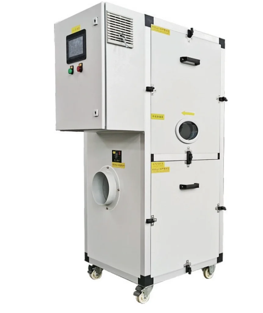 A front view of a portable desiccant dehumidifier unit on casters, showcasing its control panel and air ducts.