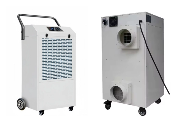 Two views of a portable Industrial Dehumidifiers unit, featuring front and back views with ducting ports