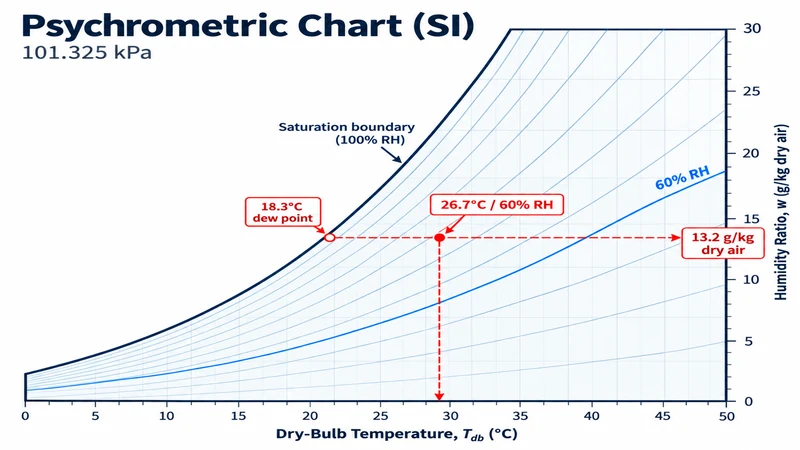 Psychrometric chart showing 26.7°C, 60% RH, humidity ratio and dew point.