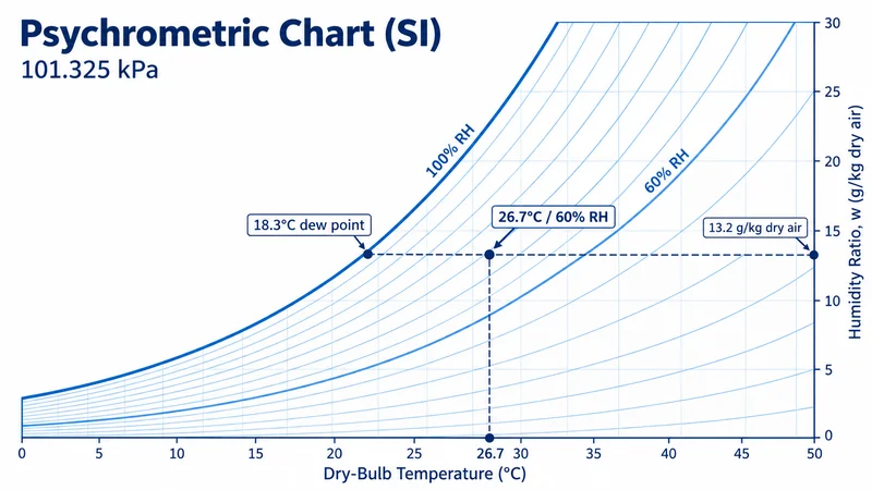 Psychrometric chart showing 26.7°C, 60% RH, humidity ratio and dew point.