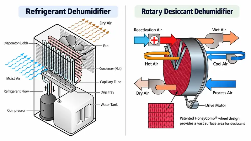Refrigerant and rotary desiccant dehumidifier components and airflow paths