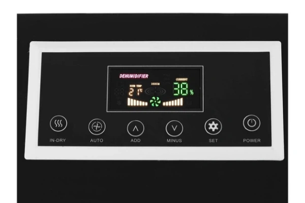 An elegant control panel with a digital display for a wet film humidifier.