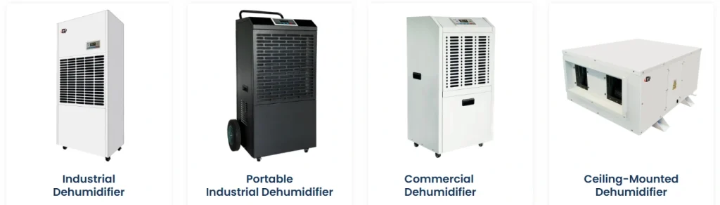 Four types of dehumidifiers: Industrial, Portable Industrial, Commercial, and Ceiling-Mounted dehumidifier models