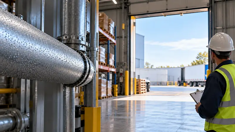 Cold metal pipe with condensation near an open loading door in an industrial warehouse.