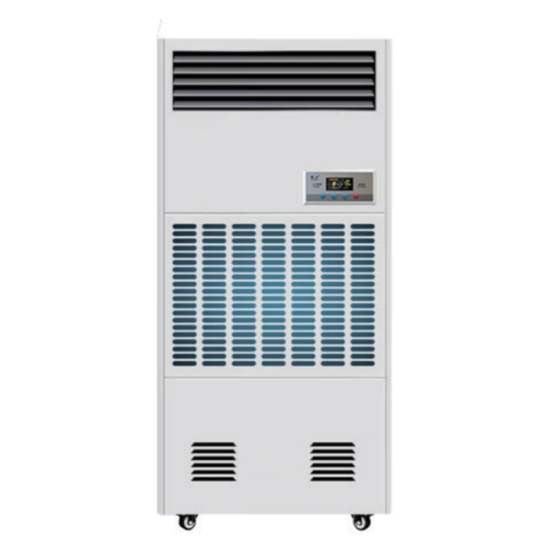 Floor-standing wet film humidifier with a digital display and air vents.