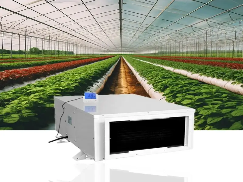 Industrial dehumidifier for greenhouse, with a unit placed in front of a long greenhouse corridor.